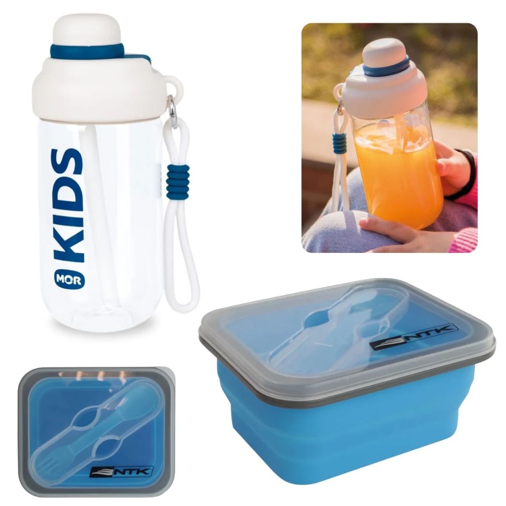Garrafa Infantil 660ml Azul Squeeze + Pote Marmita Azul 700ml Mini Bento Kit Parque Passeio