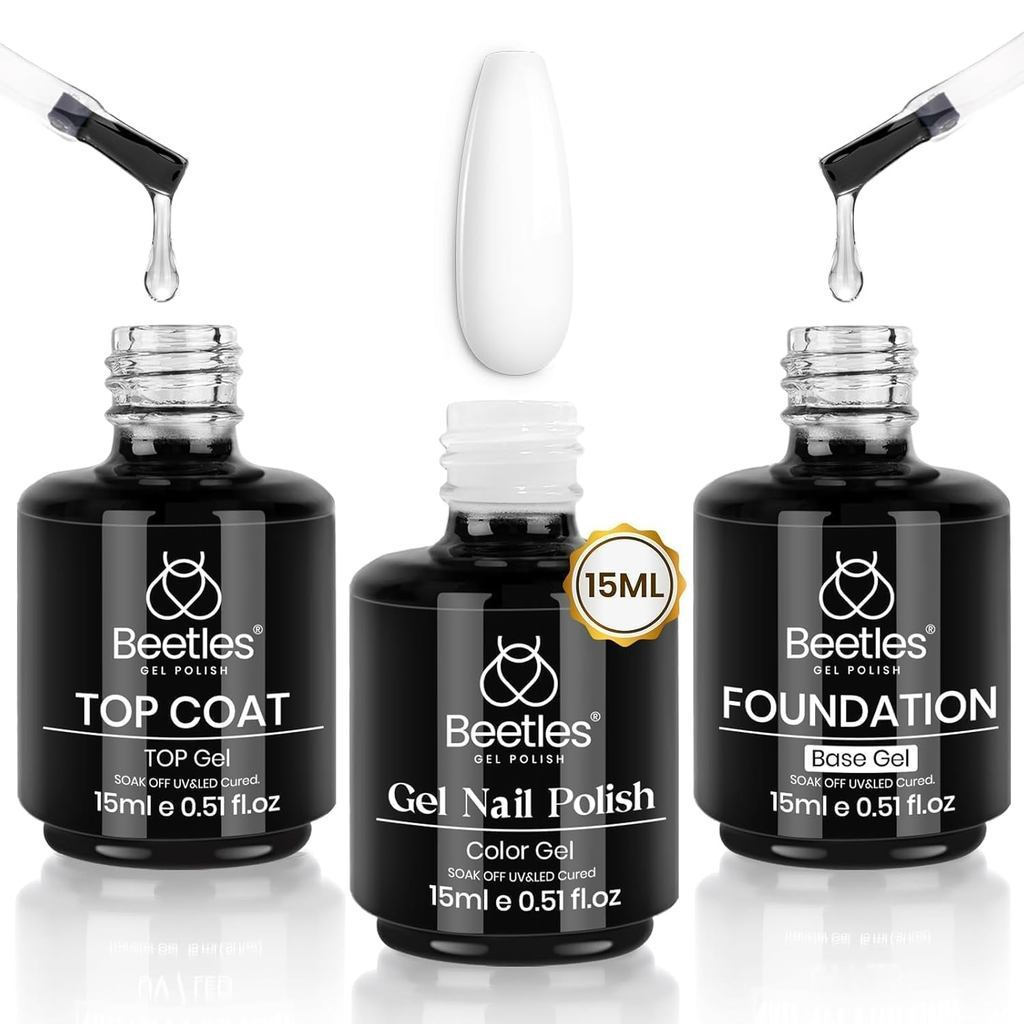Beetles Kit de Natal com 3 Peças de Esmalte em Gel Branco de 15ml, Top Coat e Base Coat Sem Resíduos, Secagem com Lâmpad
