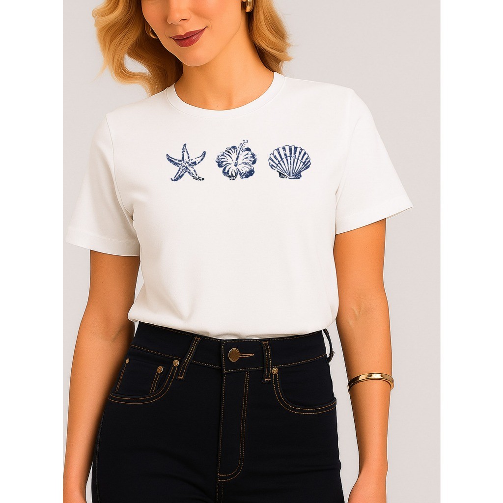Blusa Babylook Feminina EstampadaESTRELA DO MAR CONCHA 100% Algodão Faculdade profissão colégio