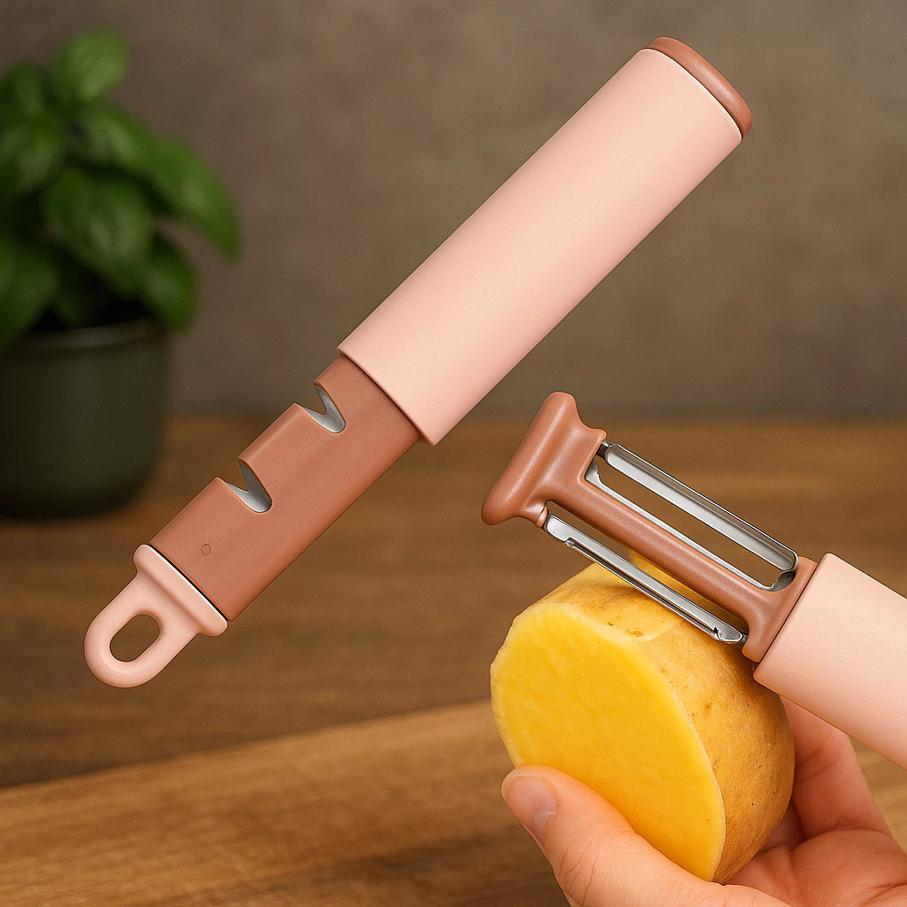 Descascador Tesoura Lâmina Afiador Cortador Frutas Verduras Cozinha Utensílio 3 Em 1