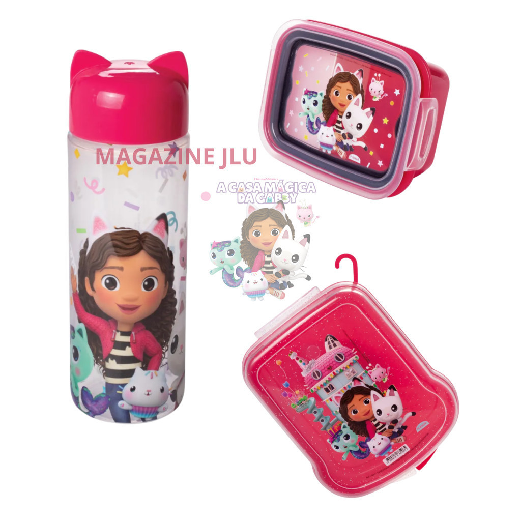 Kit 3pcs Casa Mágica da Gabby Garrafa Sanduicheira Marmita Infantil Escolar Menina Escola Lanche