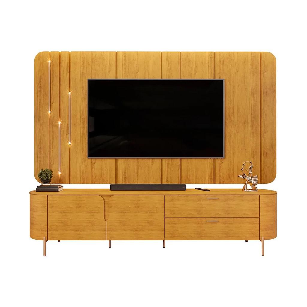 Painel Suspenso com Bancada 241cm Avatar para TV Até 75 com LED e Detalhes Dourados Mel G18 - Gran Belo