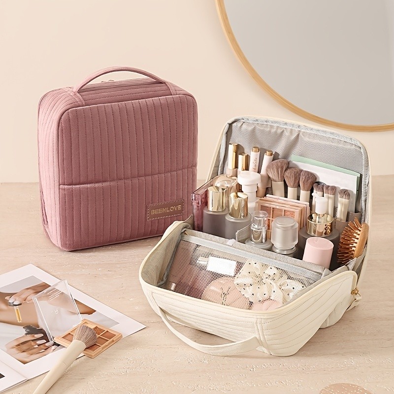 Bolsa De Maquiagem Vertical Com Compartimentos De Veludo Da Moda De Grande Capacidade Para Viagem
