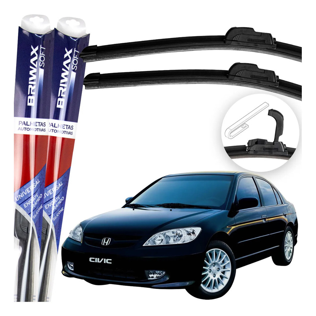 Jogo Palhetas Limpador de Parabrisa Silicone Chuva Gancho Universal Honda Civic 2001 Até 2006