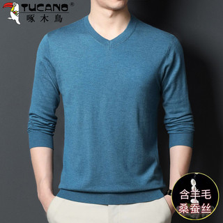 Woodpecker primavera outono amoreira seda fina camisola masculina com decote em V camisola masculina gola de coração de 