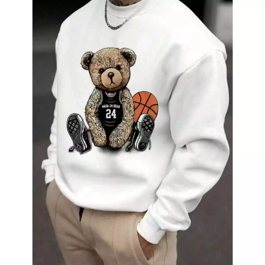 Moletom Careca Unissex Urso Basquete Gola Redonda Casaco Masculino e Feminino Flanelado  Inverno Frio
