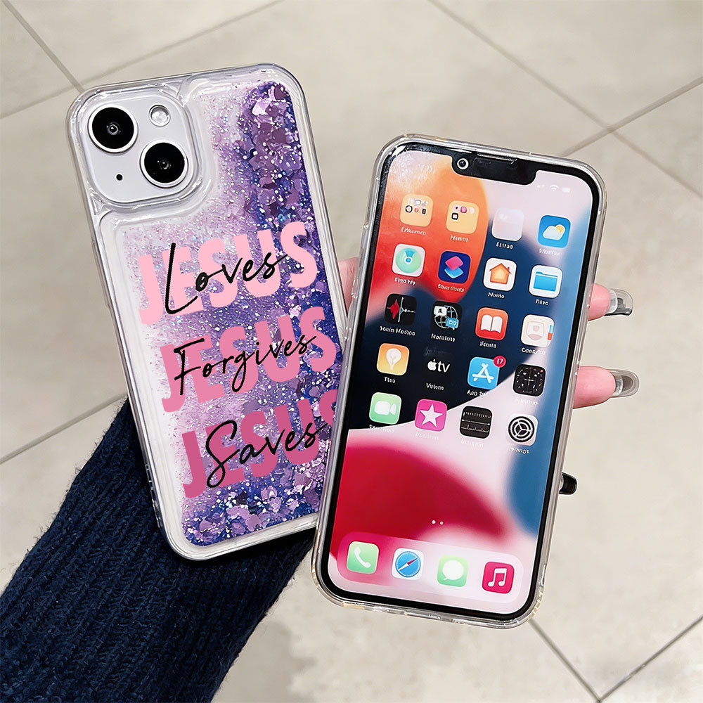 Jesus Líquido Glitter Capinha Lantejoulas Capa Para iPhone XR XS 11 12 13 14 Plus 15 16 17 Ar Pro Max Silicone Anti-fall