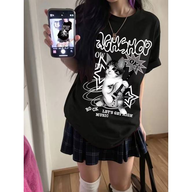 Camiseta Feminina Estampa Gato Slogan Manga Curta Versátil Confortável Estilosa Divertida Moda Casual