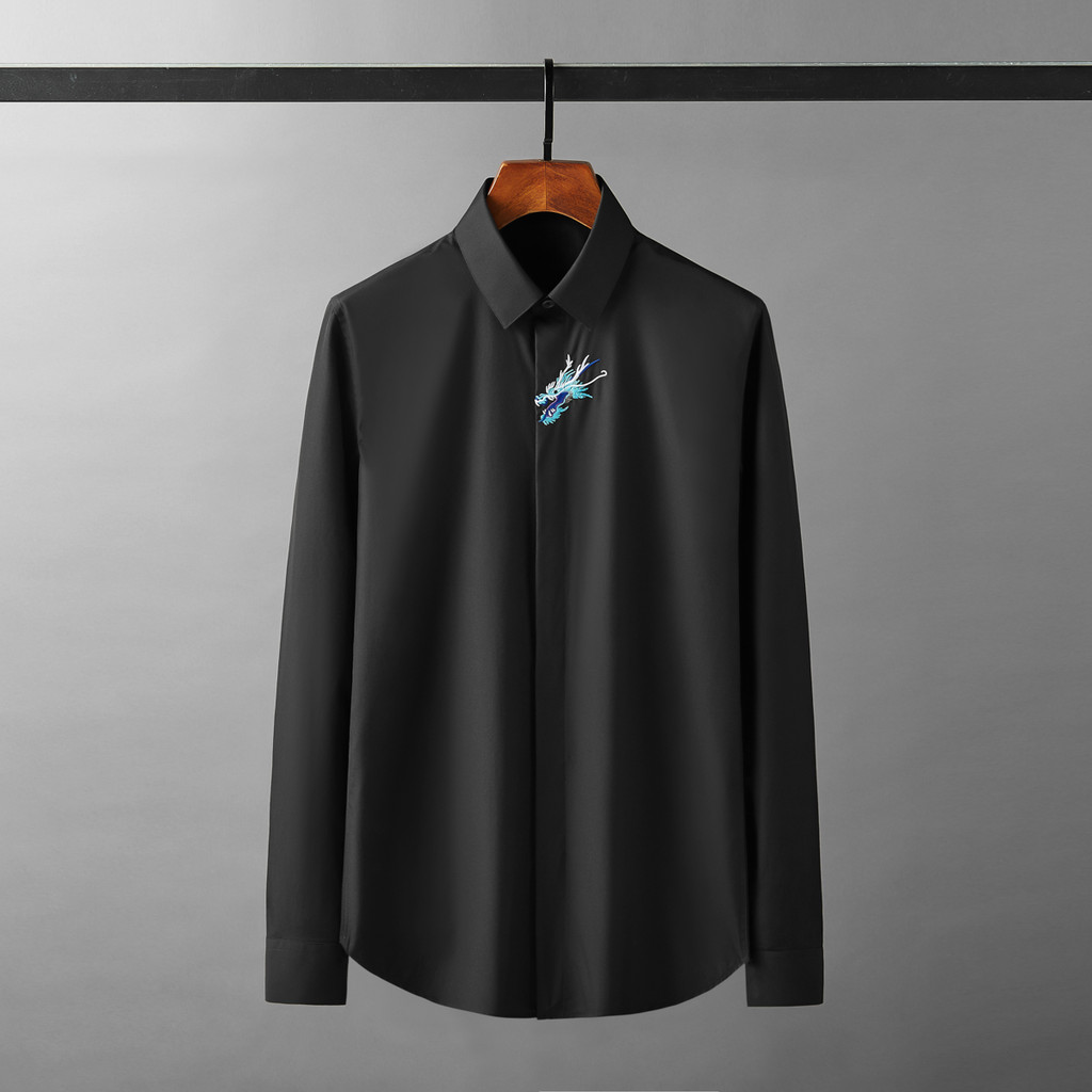 Outono Estilo Voando Dragão Peito Bordado Camisa Casual Masculina Bonito na Moda Moda Masculina Magro-ajuste Camisa