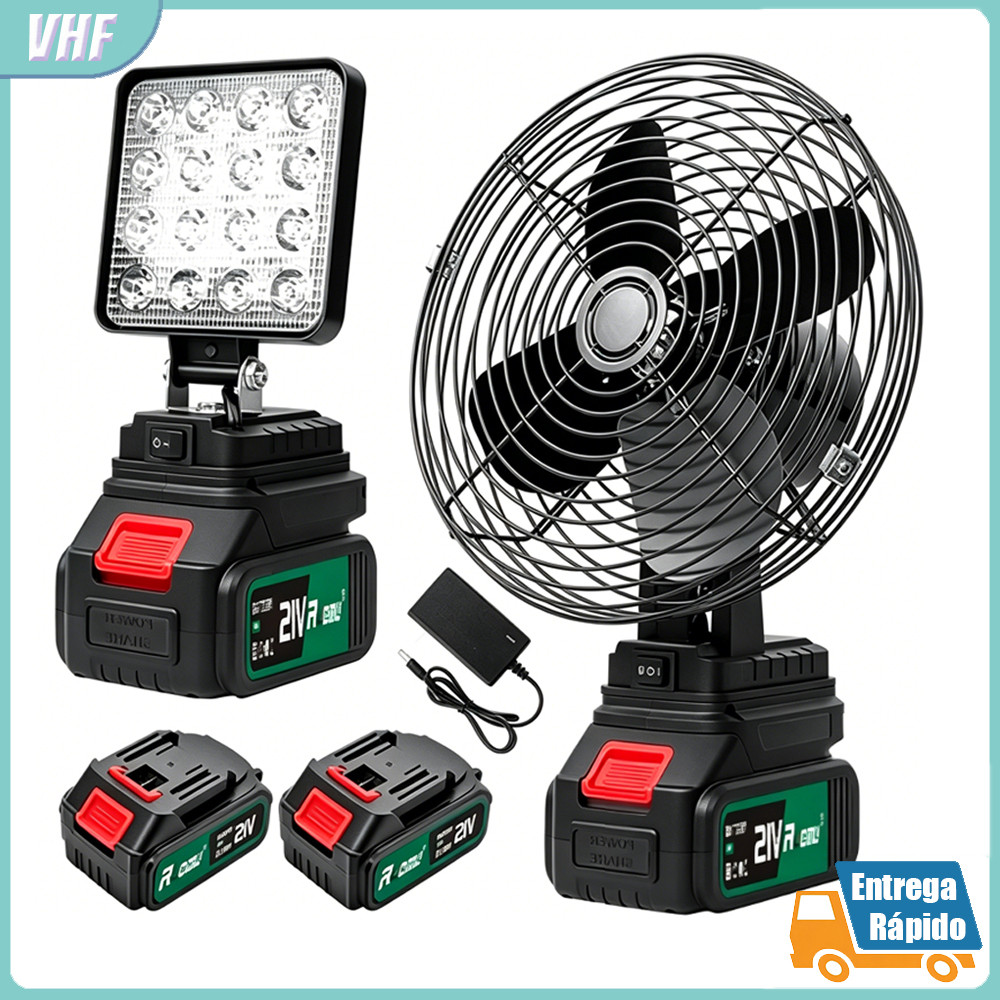 Ventilador de Mesa Portátil 8'' 24V com Lanterna de Trabalho 4'' LED 2 Baterias Recarregáveis
