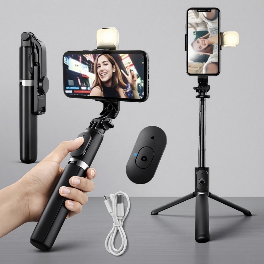 Tripé para selfie 360° com luz LED e controle Bluetooth – Bastão de selfie e tripé ajustáveis
