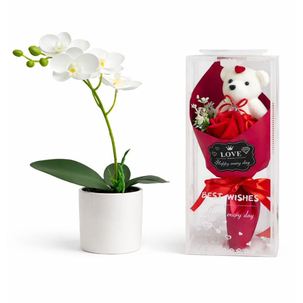 Kit Orquídea Com 7 Flores Presente Delicado Urso Buquê