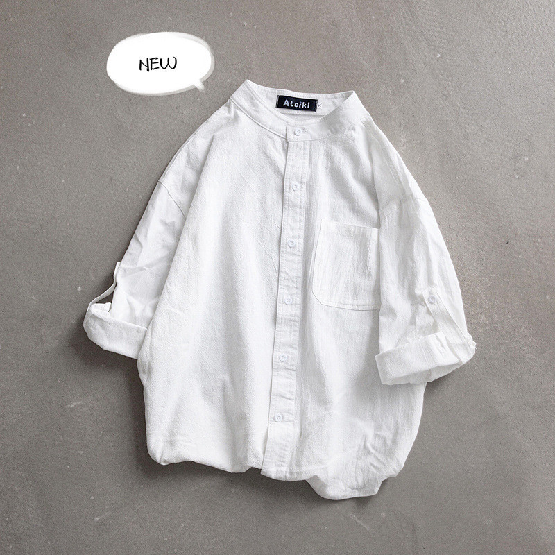 Nova camisa masculina gola alta preto branco camisa de manga de três quartos masculina bonito Casual jaqueta de manga co