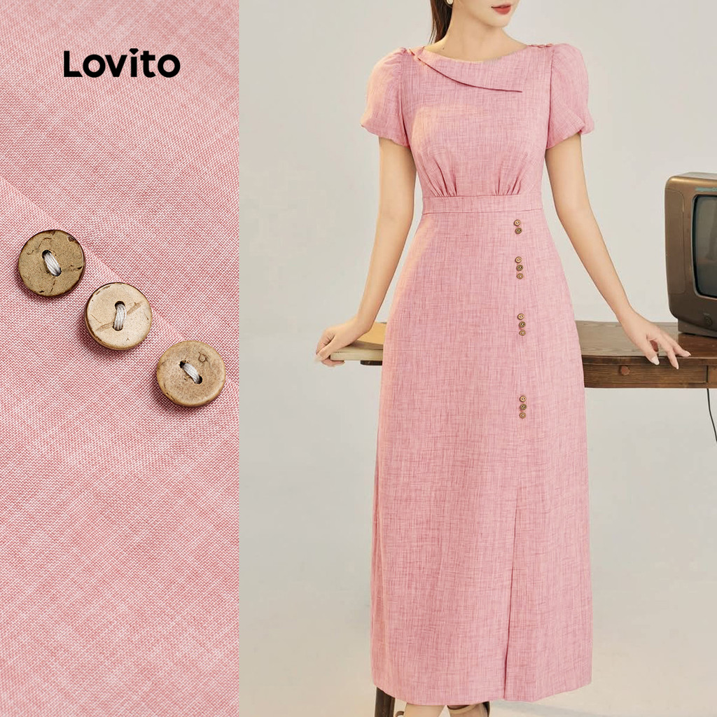 Lovito Vestido Casual Vestido Assimétrico com Botão Primavera/verão Rosa para Mulheres L165ED1474 em Oferta na Shopee