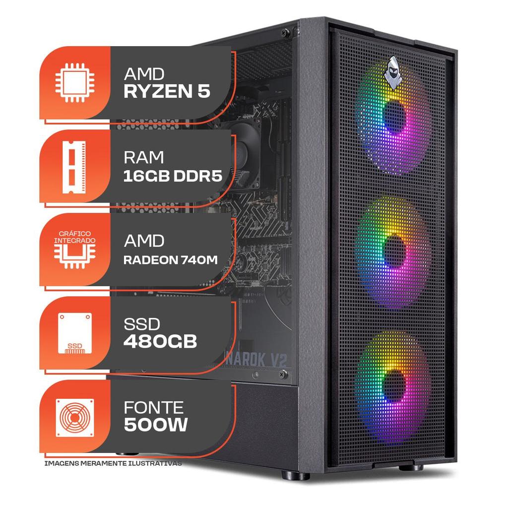 PC Gamer Forge, AMD Ryzen 5 8500G, 16GB DDR5, SSD 480GB, Fonte 500W 80 Plus