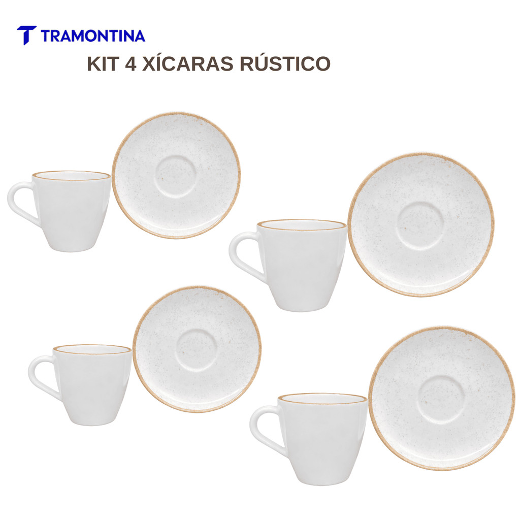 Jogo Xícaras De Chá Café Com Pires Kit 4 Peças 200ml Rustico Borda Marrom Porcelana Tramontina