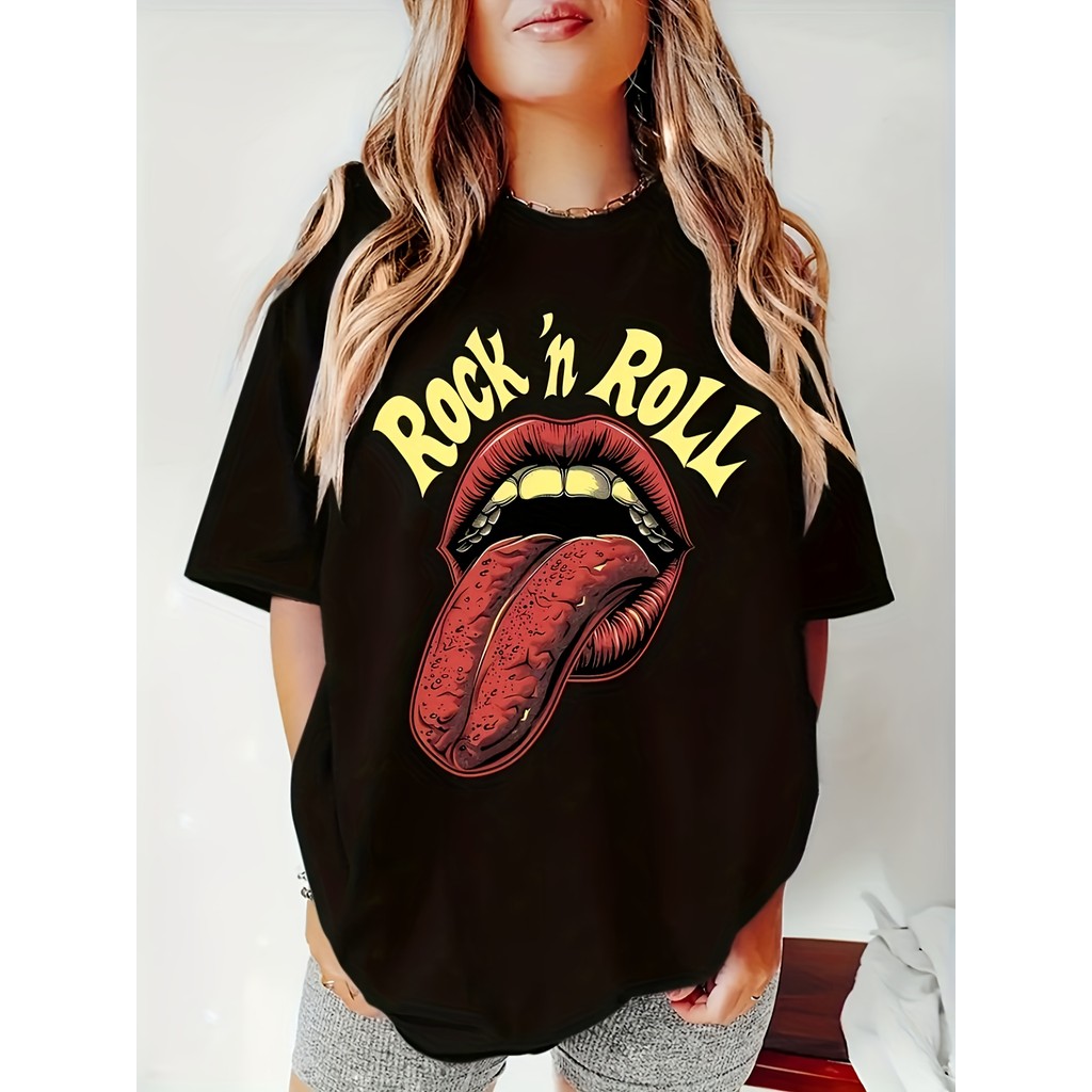 Camiseta Feminina ROCK N ROLL Lettering Língua Vermelha Estampada Confortável Divertida Estilosa Primavera Verão