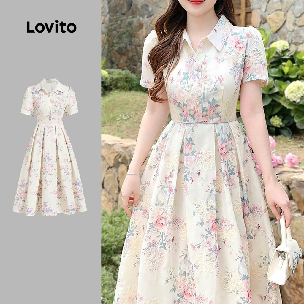 Lovito Vestido Casual Floral Botões Frontais Zíper Pregas Primavera/verão Perfeito Festivais Para Mulheres LBL27342 em Oferta na Shopee
