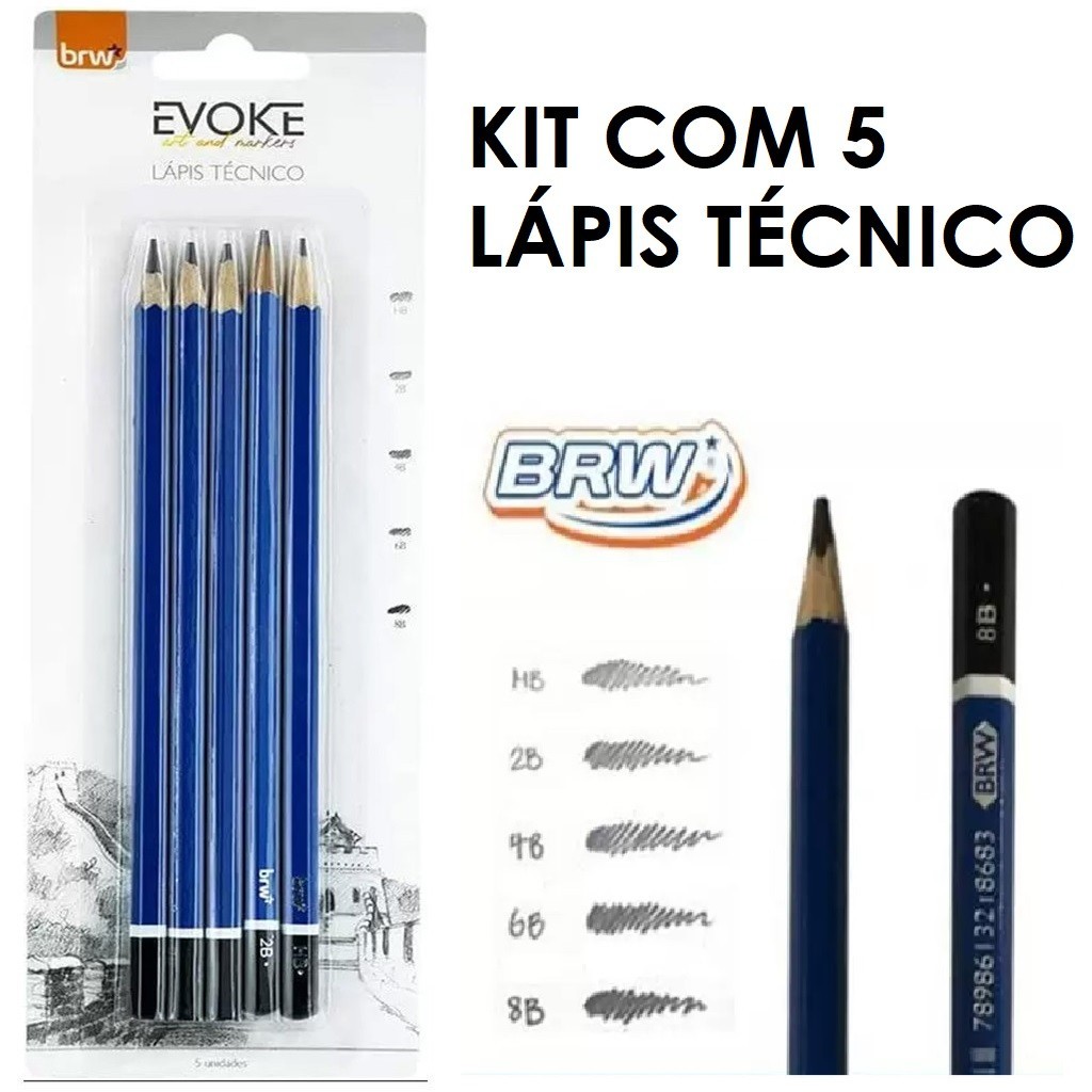 Lápis Técnico Preto Kit com 5 Unidades HB 2B 4B 6B 8B – BRW em Oferta na Shopee