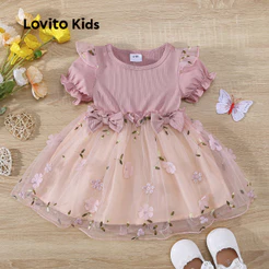 Lovito Casual Vestido Infantil Floral Com Laço Em Tule Contrastante Rosa Para Primavera/verão LNL115151