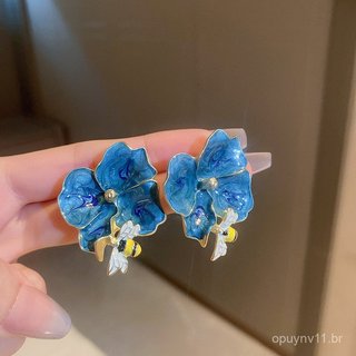Brincos de agulha de prata com abelhas e flores pintadas, design coreano, brincos de pino exagerados de alta qualidade, 