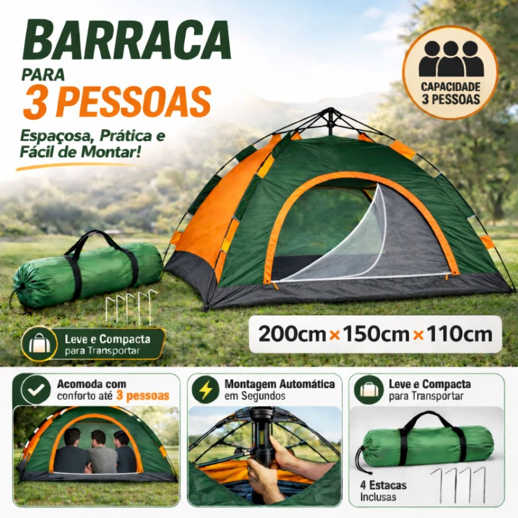 Barraca Tenda Camping Automática 2-3 Pessoas Grande Impermeável Proteção Vento Sol UV Acampamento