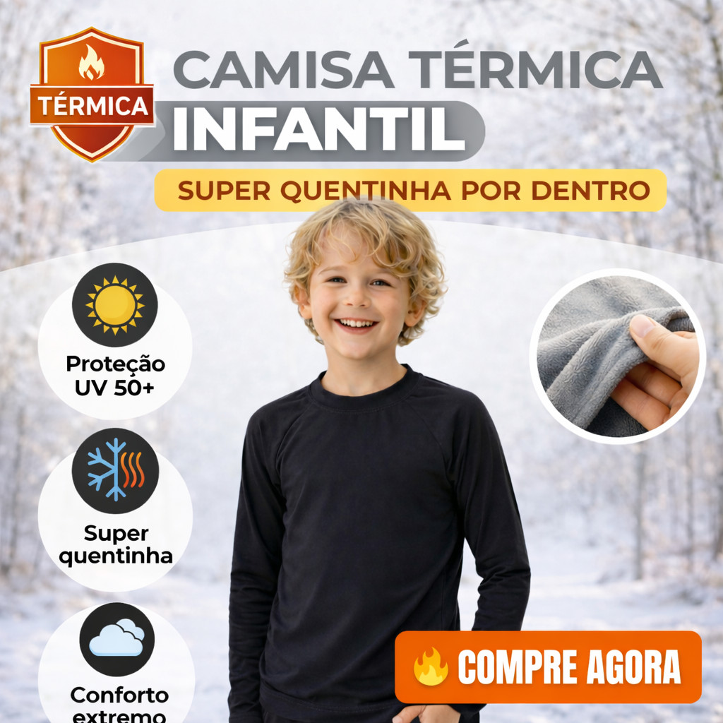 Camisa de Manga Longa  Segunda Pele Térmico Infantil e Peluciada Frio Camiseta Termica