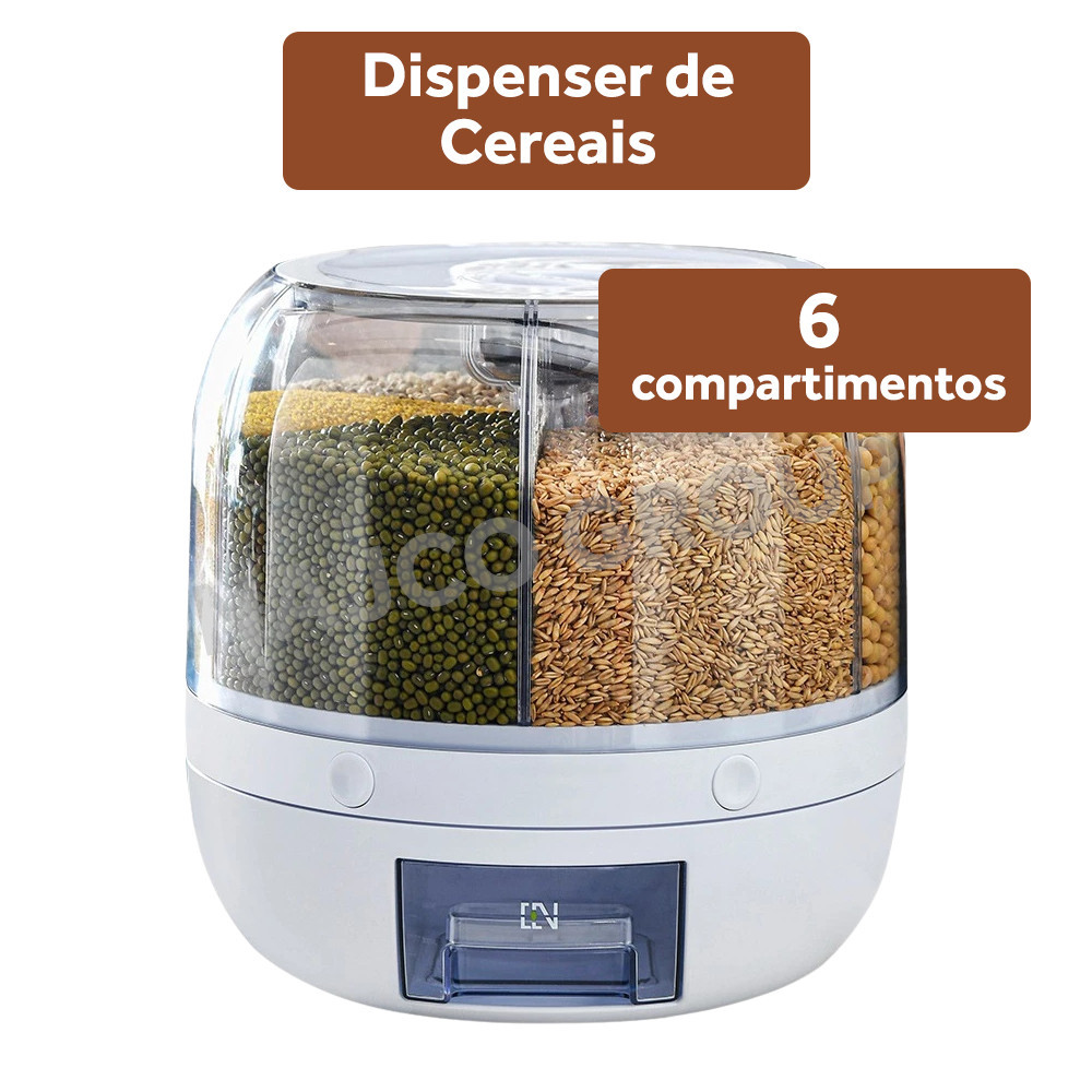 Dispenser Giratório Organizador de Alimentos com 6 Compartimentos para Grãos, Cereais Luxo em Oferta na Shopee