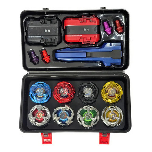 Kit Maleta 8 Piões De Batalha Metal Com 2 Lançadores E Grip