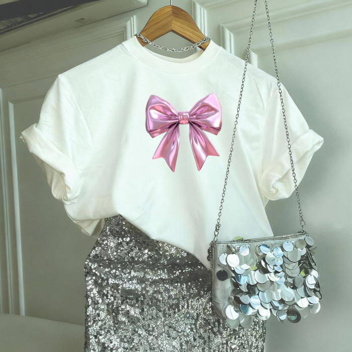 Camiseta Camisa blusa T-shirt Feminina 100%Algodão moda feminina moda estilosas confortavel Ocasioes Laço Rosa