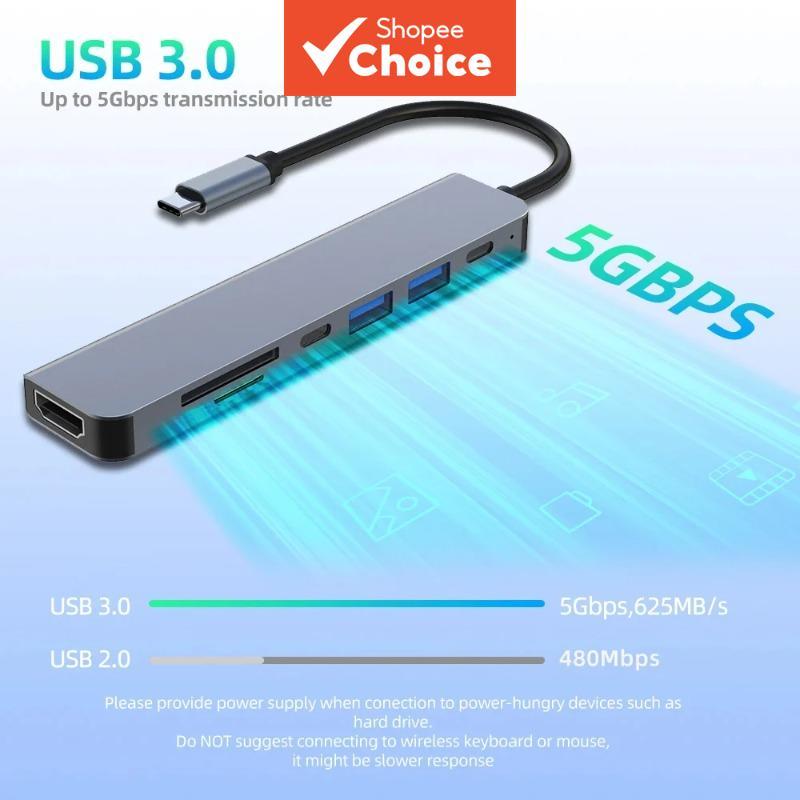 Hub USB-C 7 em 1 leitor de cartão TF/SD 4K HDMI adaptador de carregamento PD Tipo-C para MacBook e notebooks de