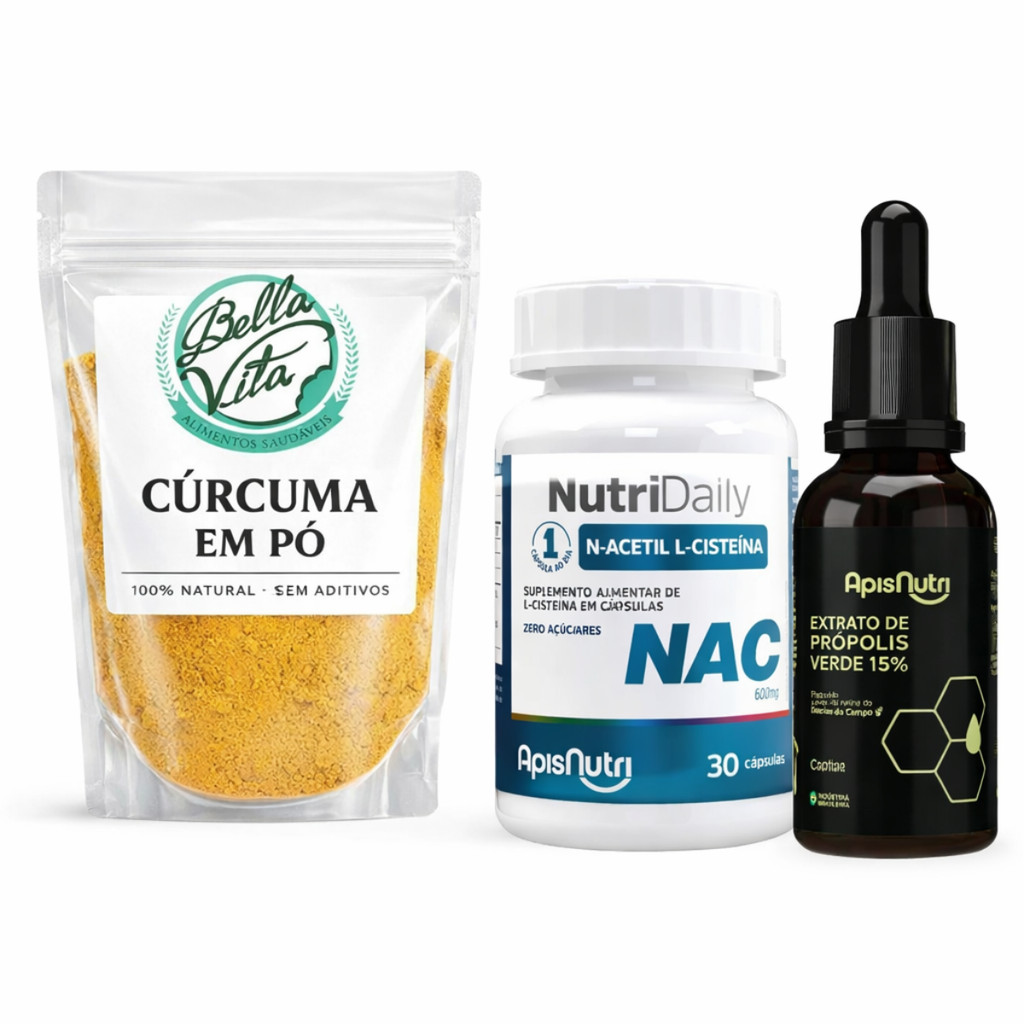 Kit Imunidade Potente NAC 600mg + Própolis Verde 15% Apis Nutri | Antioxidante GRÁTIS 100gr Cúrcuma Premium