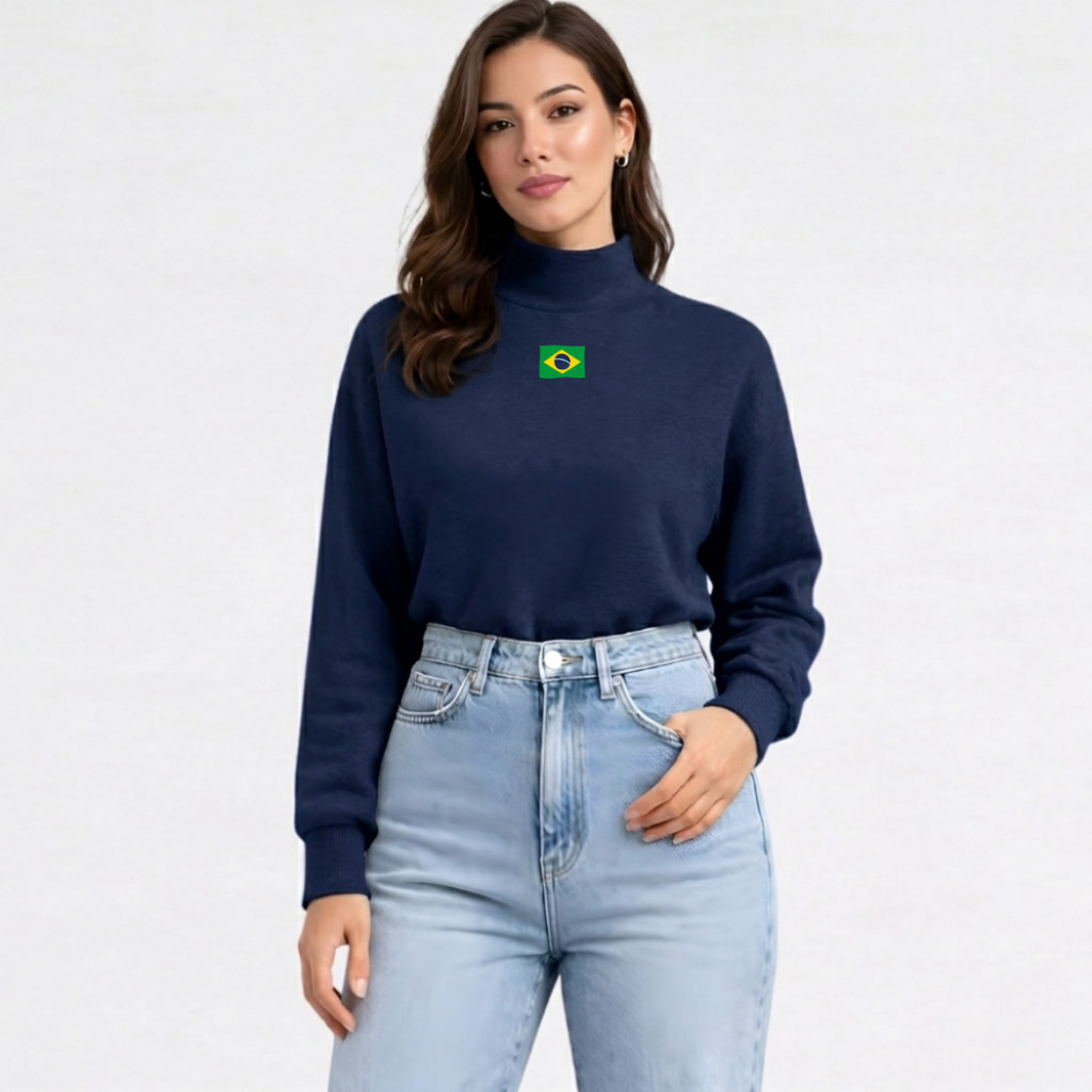Blusa da Copa Moletom Flanelado Brasil Gola Alta Semi Cropped Manga Longa Ribana PP ao GG