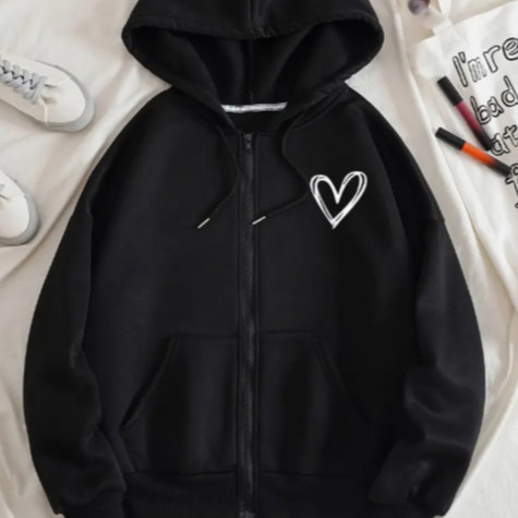 Moletom Feminino com Zíper Coração Minimalista Algodão Forrado Blusa de Frio Inverno