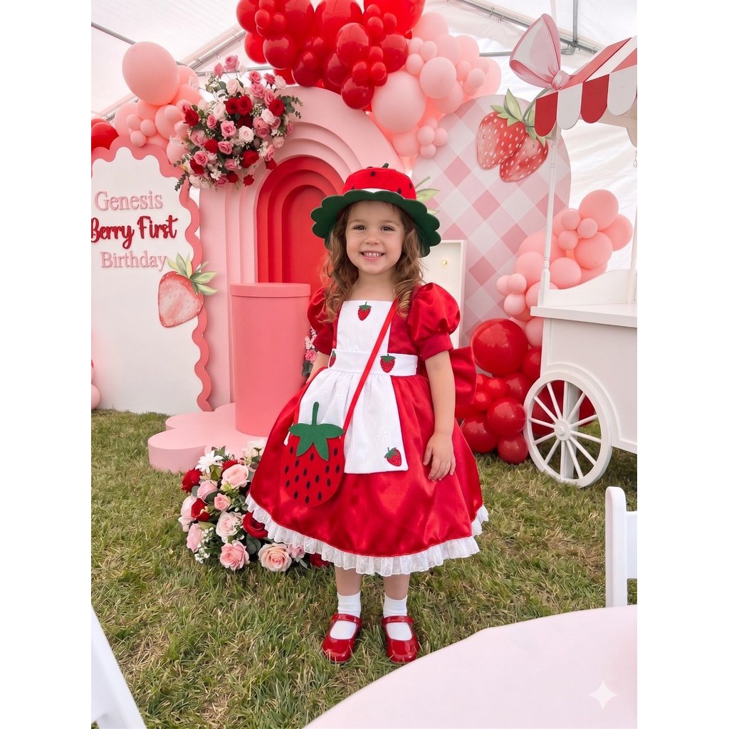 Vestido Fantasia Moranguinho Com Bolsinha E Chapéu Vermelho Morango Luxo