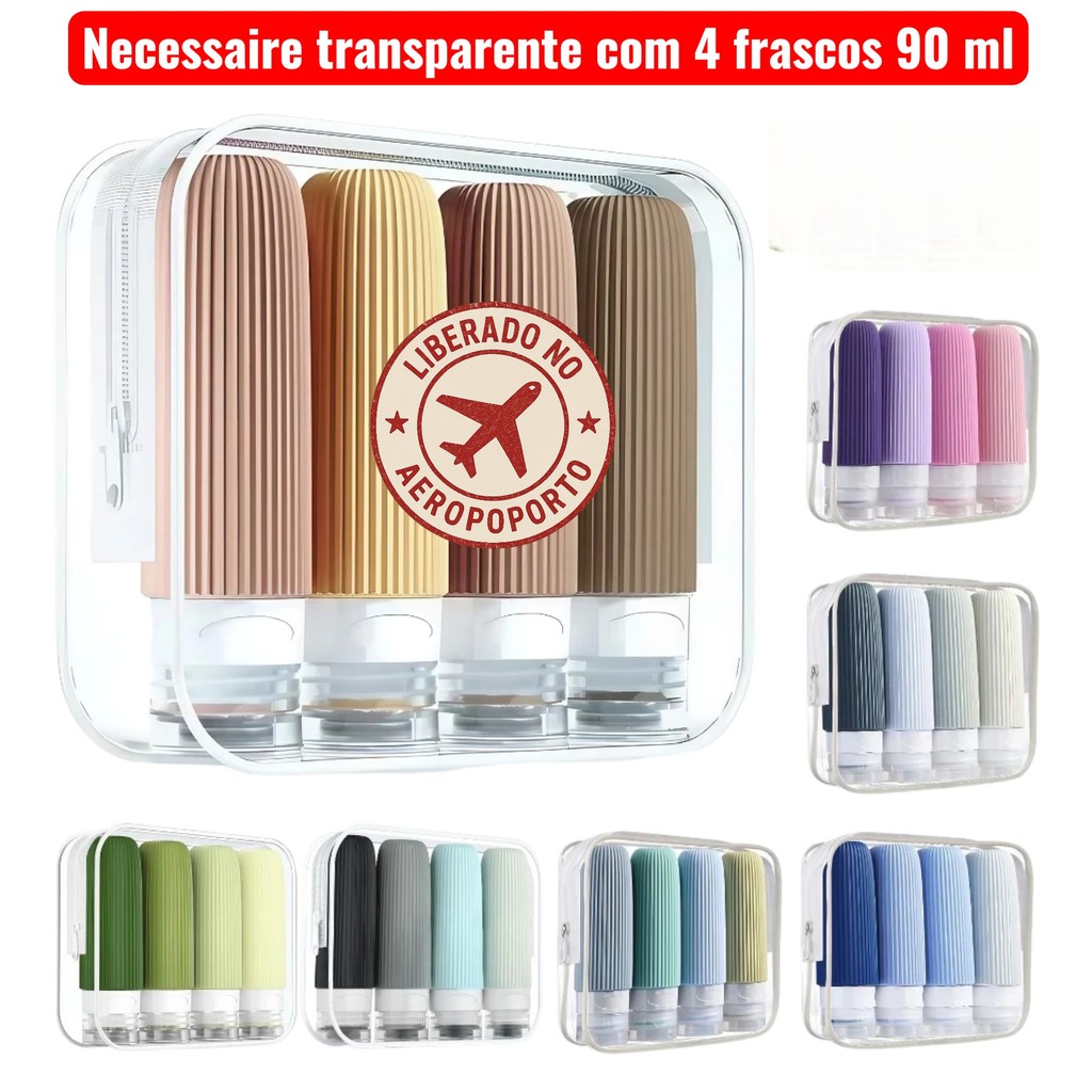 Kit necessaire com Frascos Potes Viagem Silicone 90ml Condicionador Shampoo Creme Cosméticos 4 peças
