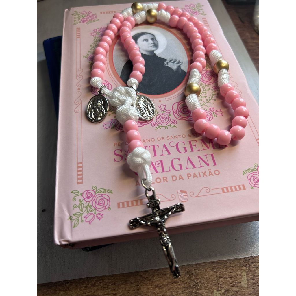 Terço de Paracord 550 Branco Medalha do Sagrado Coração e São Francisco