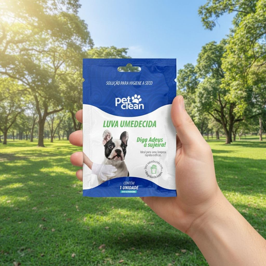 Luva Umedecida Pet Clean para Higiene a Seco de Cachorros Limpeza Prática Pet
