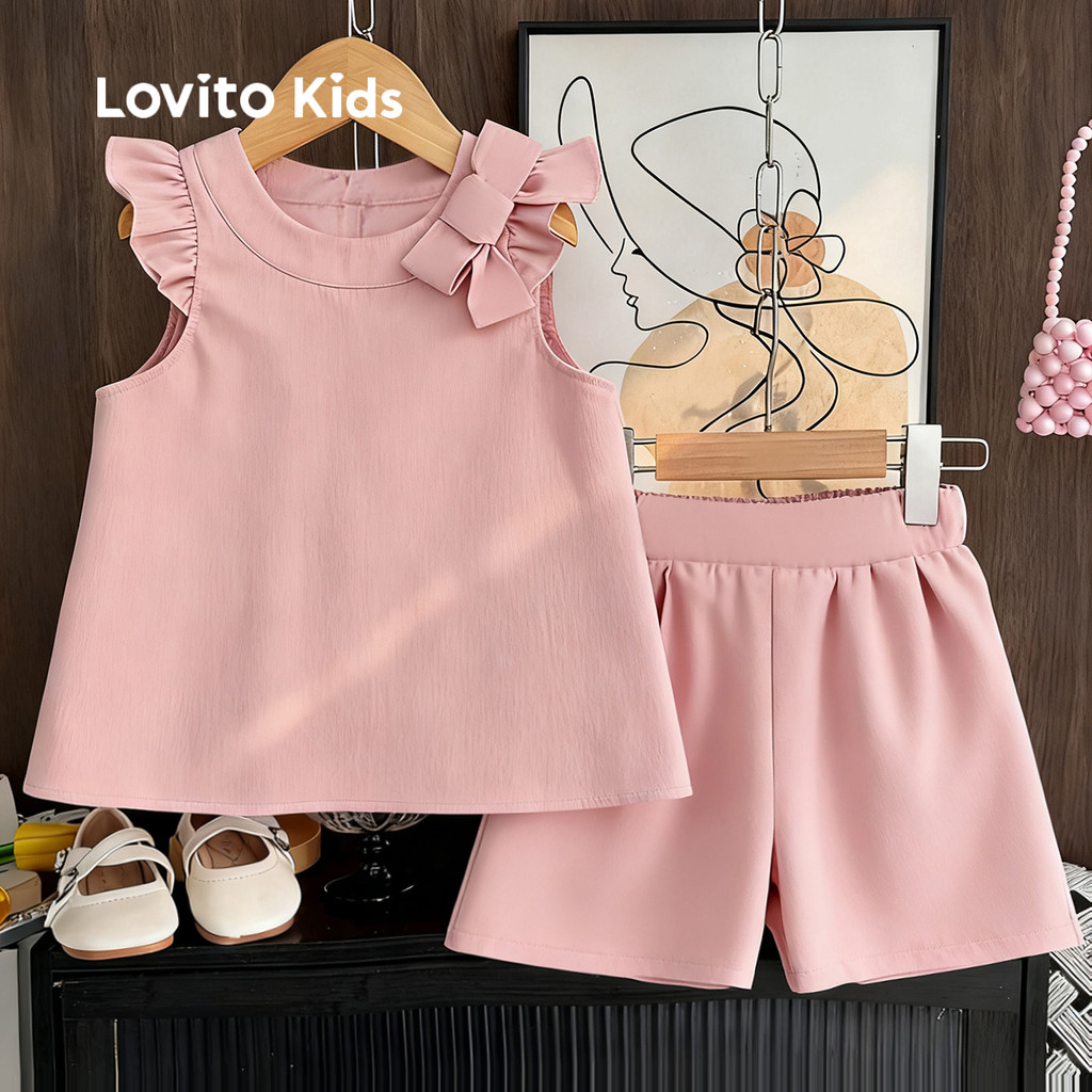 Lovito Kids Conjunto de Shorts Fofos com Laço Pregueado para Primavera/verão Conjunto de Shorts Rosa L162LD209 em Oferta na Shopee