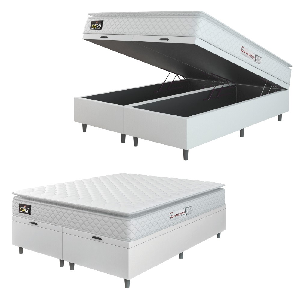 Cama Box Baú Casal Queen Colchão Espuma D33 Pillow Top New Millenium 158x198x60cm Bran Linho Hellen em Oferta na Shopee