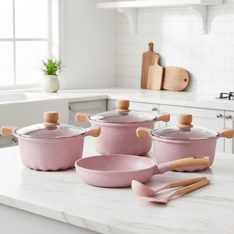 Conjunto de 9 peças de pote de pedra médica de granito conjunto de panela antiaderente panela doméstica