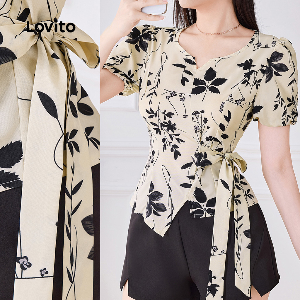 Lovito Blusa Casual de Renda com Cadarço Primavera/verão Blusa de Damasco para mulheres L138AD1402 em Oferta na Shopee