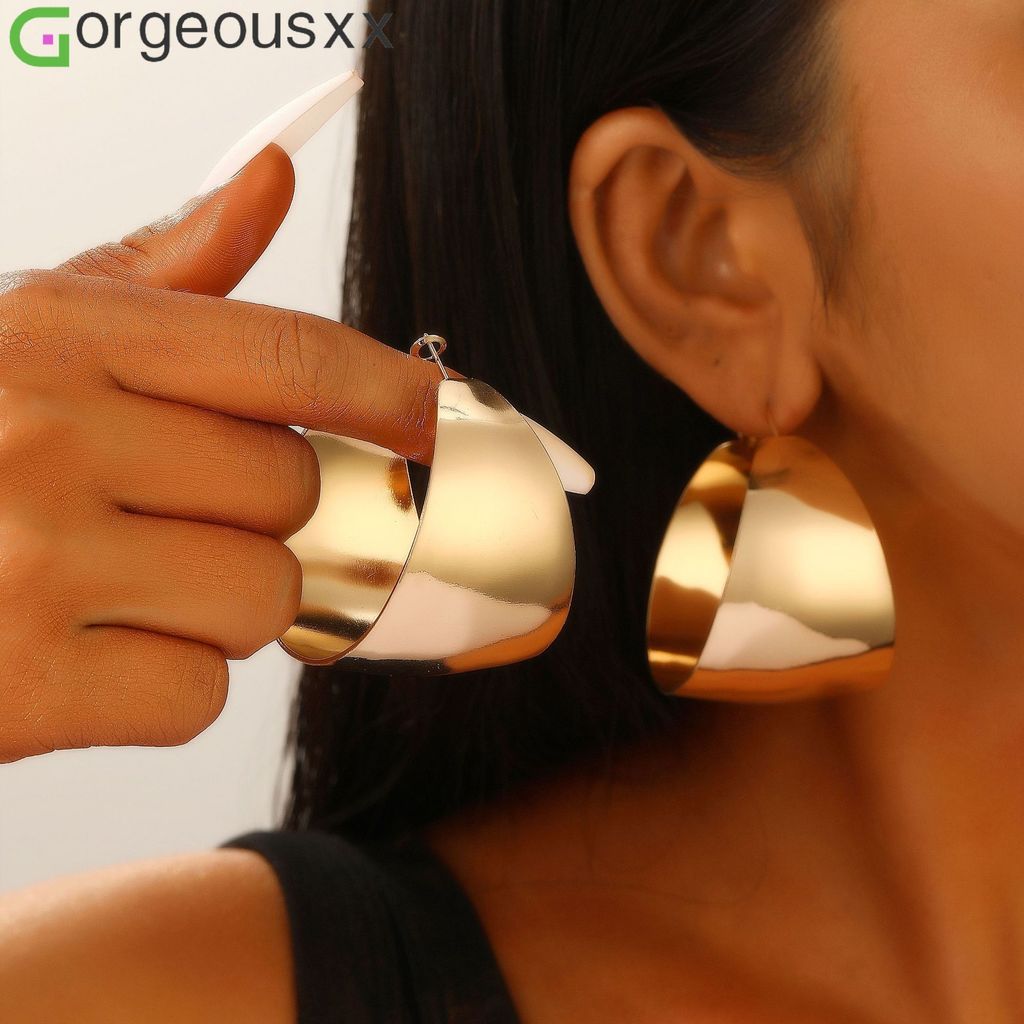 [Gorgeousxx] Brinco De Argola Larga Brilhante Simplicidade Para Mulheres Brincos Geométricos Retrô Joias Diárias