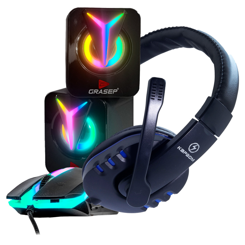 Kit Caixa De Som Com Led Chroma RGB Rítmico + Fone Headset Gamer + Mouse LED Chroma Ideal Para Setup Gamer