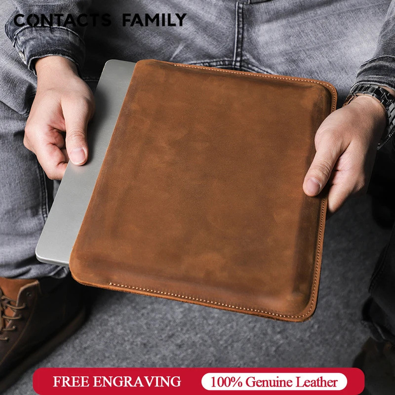 Contatos Família Capa De Couro Genuíno Para Laptop Macbook Pro Air 13 14 16 M4 M3 M2 HP DELL XPS 13 Bolsa De Computador 