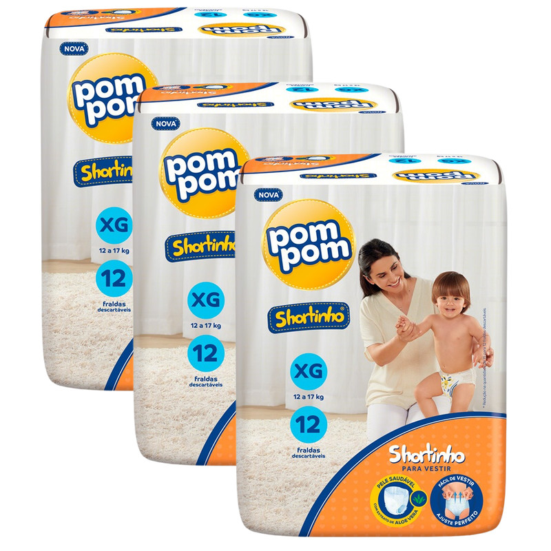 Kit c/ 3 pct Fralda Pom Pom Shortinho Jumbinho - XG 3x12un