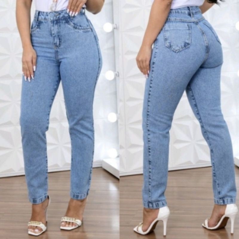 Calça Jeans Feminina Mom Marmorizada Sem Lycra Cintura Alta Lisa Trabalho Premium Shopee Elegante