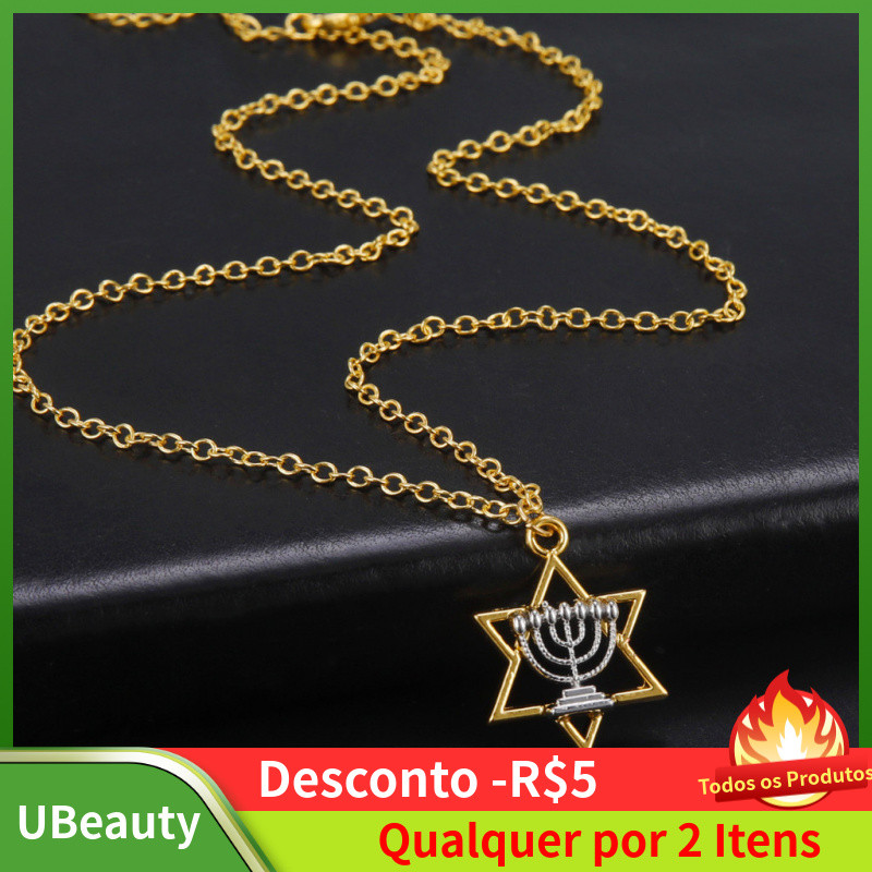 Colar Estrela de Davi e Menorá, Colar Pingente Religioso Judaico em Aço Titanic Banhado a Ouro, Joias Delicadas para Mul