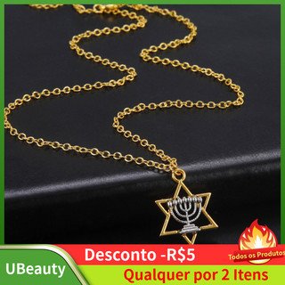 Colar Estrela de Davi e Menorá, Colar Pingente Religioso Judaico em Aço Titanic Banhado a Ouro, Joias Delicadas para Mul
