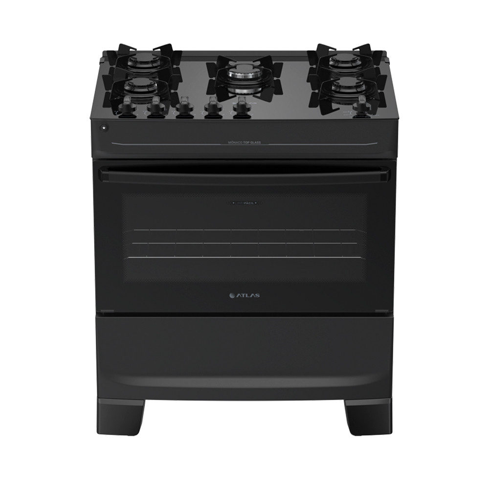 Fogão 5 Bocas à Gás Atlas Mônaco Top Glass Acendimento Automático e Mega Chama Preto Bivolt